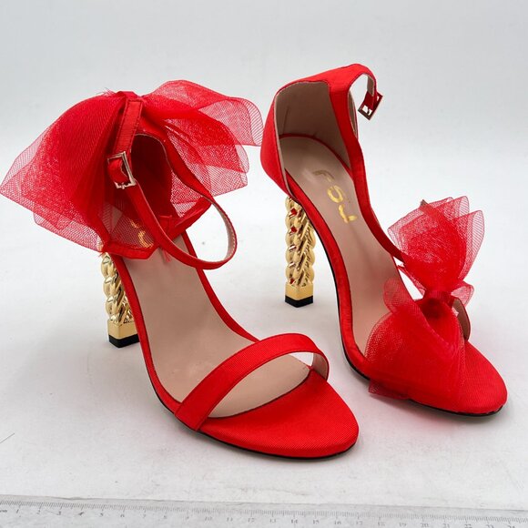 FSJ Red Mesh Gold Metal Chain Chunky High Heels Ankle Strap Open Toe Sandals - Picture 4 of 8